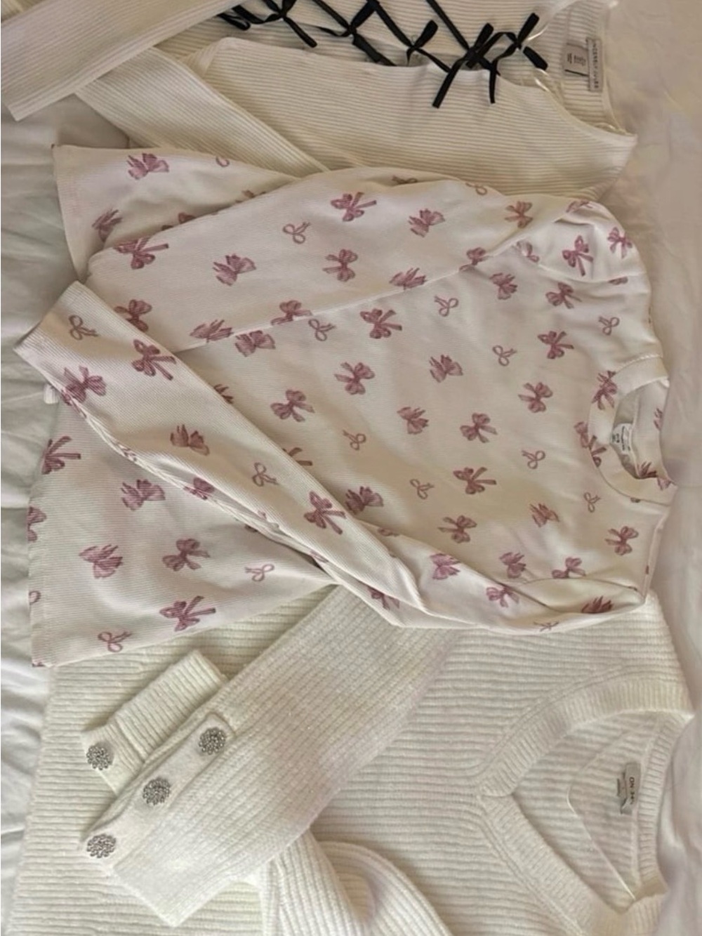 Cream Crewneck Sweater with Pink Bow Print by